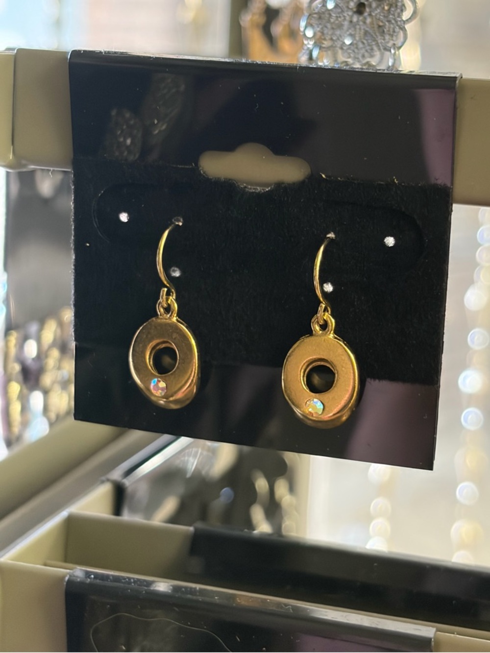 Vintage Gold Drop Circle Earrings with Crystal Accent - Women Jewelry